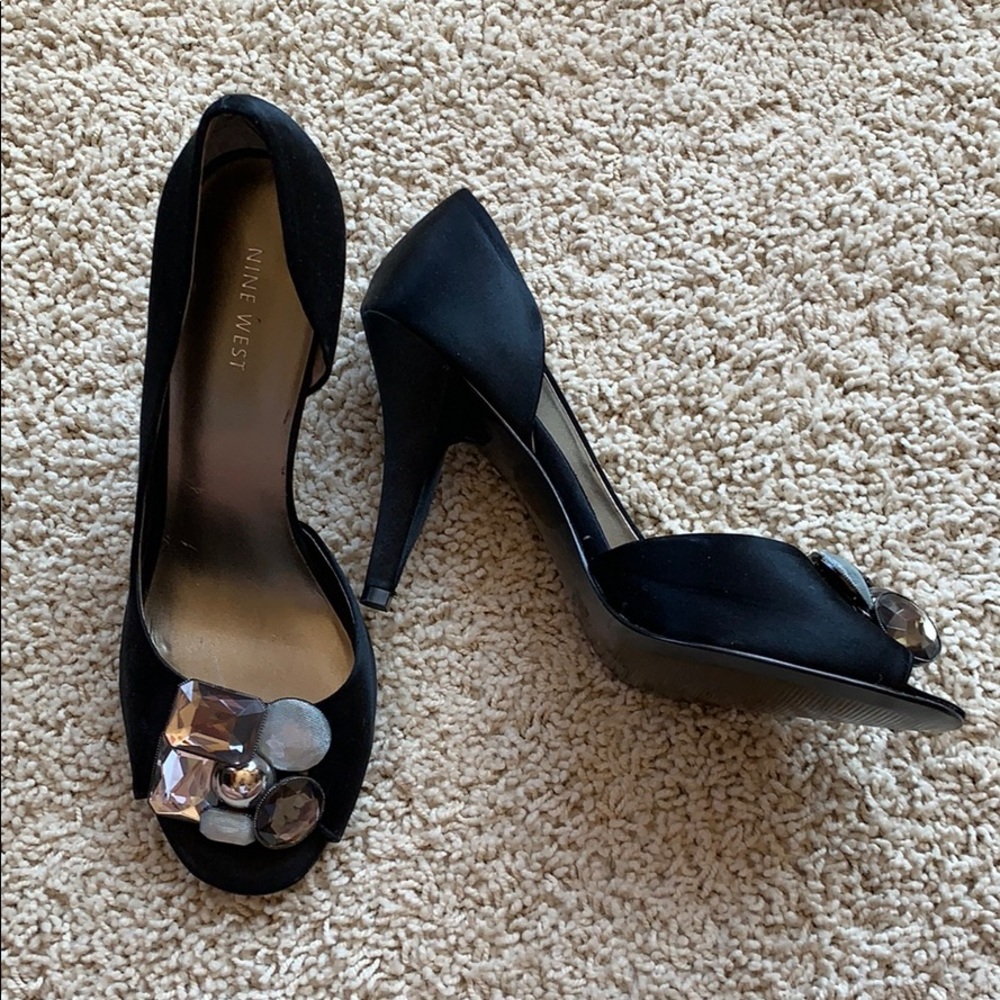 Nine West black high heels with rhinestones